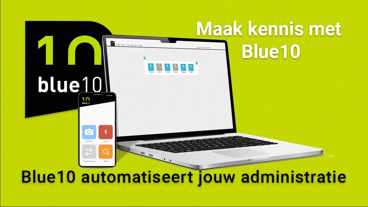 Startscherm met voorbeeld van Blue10 en de teksten Maak kennis met Blue10 en Blue10 automatiseert jouw administratie