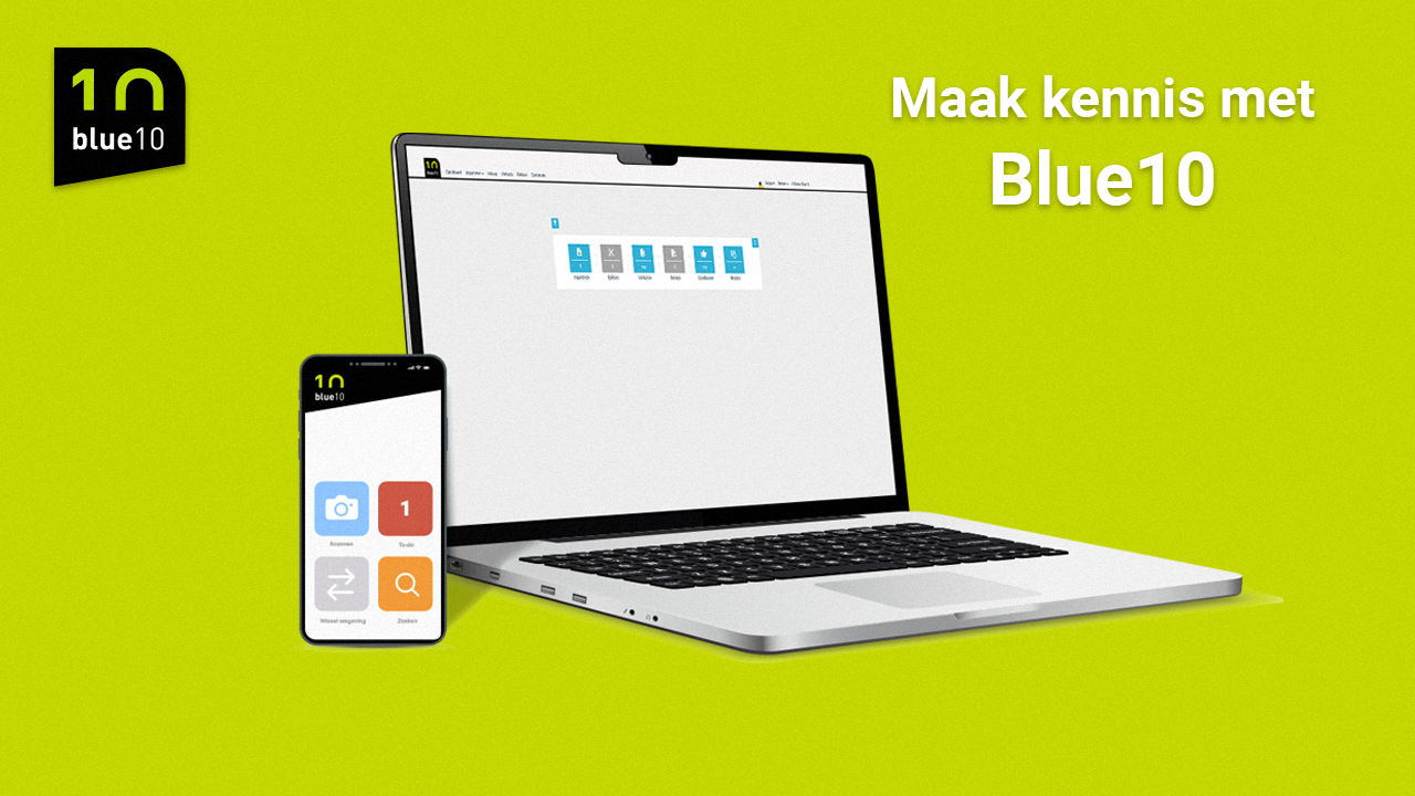 Startscherm met voorbeeld van Blue10 en de teksten Maak kennis met Blue10 en Blue10 automatiseert jouw administratie